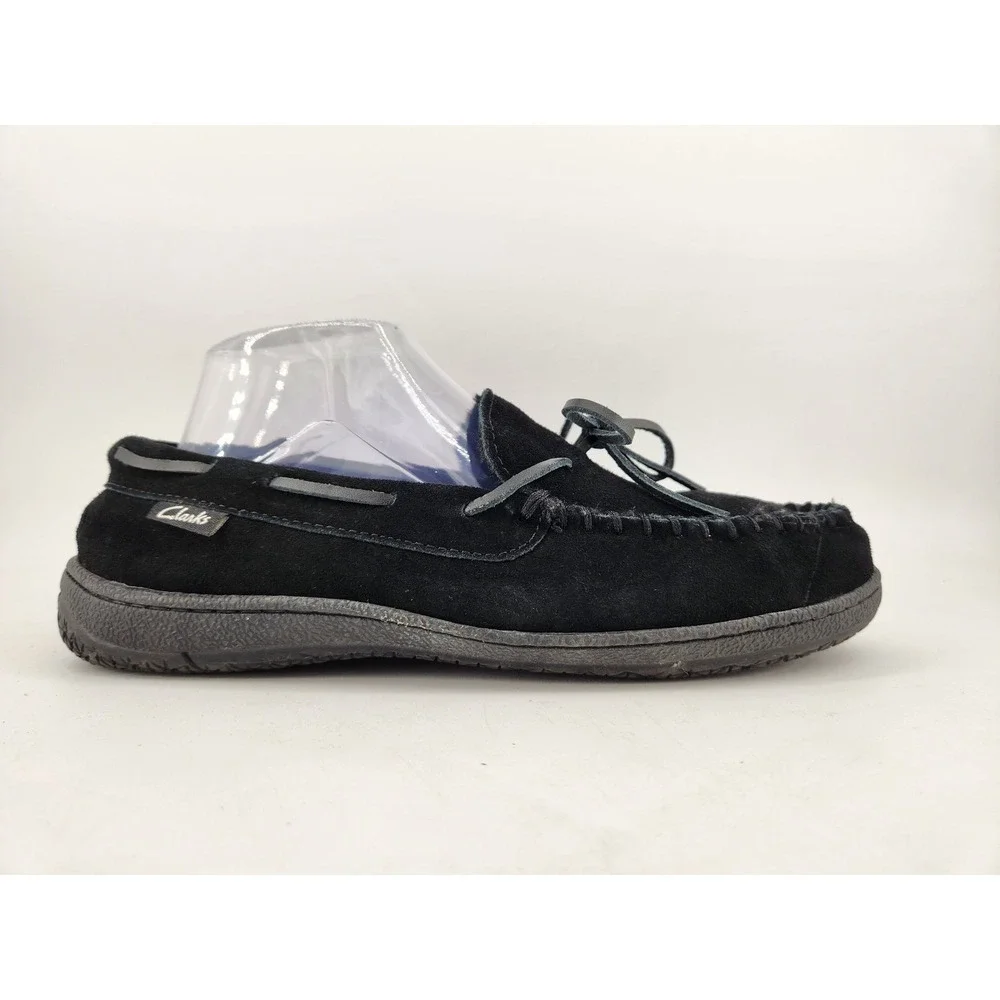 Clarks Moccasin Slippers Mens 9M Black Leather Suede Faux Fur Lined 22SH-011